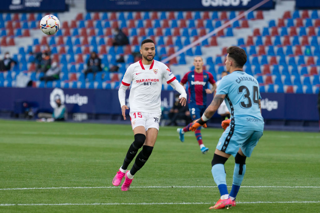 Daniel Cardenas Lindez of Levante UD and Youssef En Nesyri