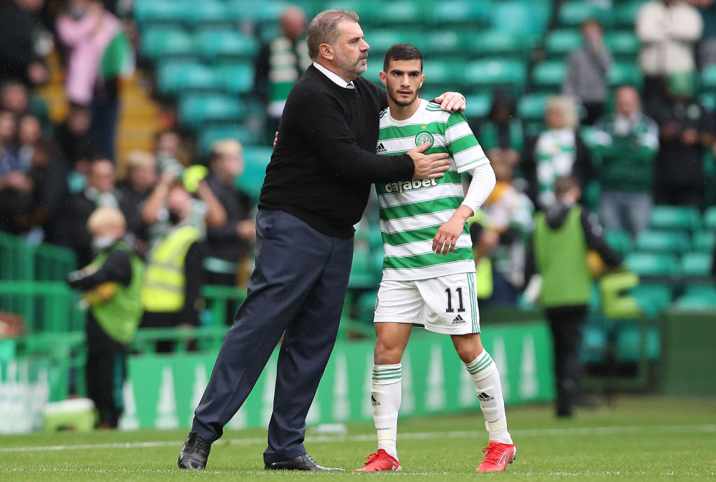 Liel Abada embracing Ange Postecoglou as Celtic beat St Mirren