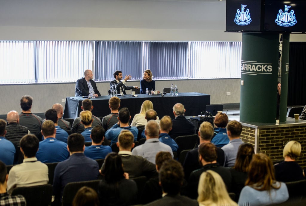 Newcastle United Directors Barclay Saastad (L), Mehrdad Ghodoussi (C) and Amanda Staveley (R) speak to staff at St. James Park on October 08, 2021 ...