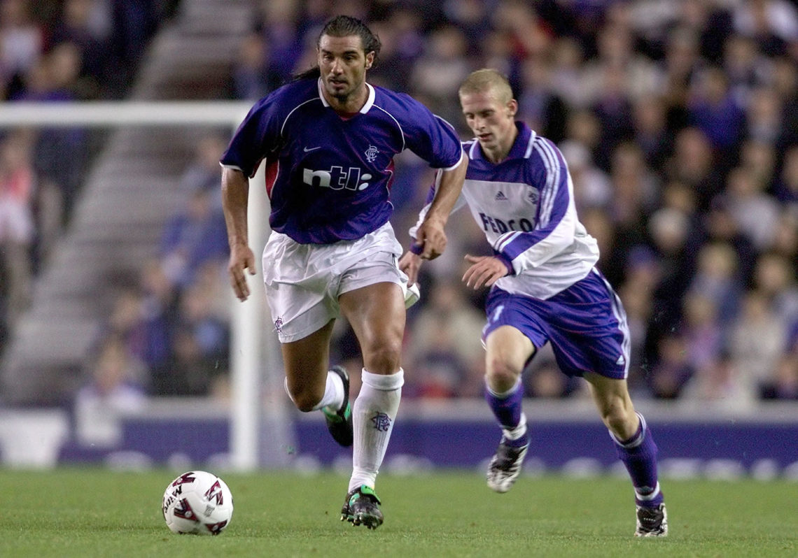 18 Oct 2001:  Lorenzo Amoruso of Ranger battles with Vitaly Grishin of Dynamo Moscow during the UEFA Cup 2nd round, 1st leg match between Rangers a...