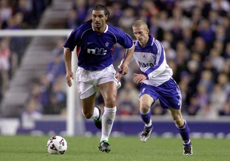 18 Oct 2001:  Lorenzo Amoruso of Ranger battles with Vitaly Grishin of Dynamo Moscow during the UEFA Cup 2nd round, 1st leg match between Rangers a...