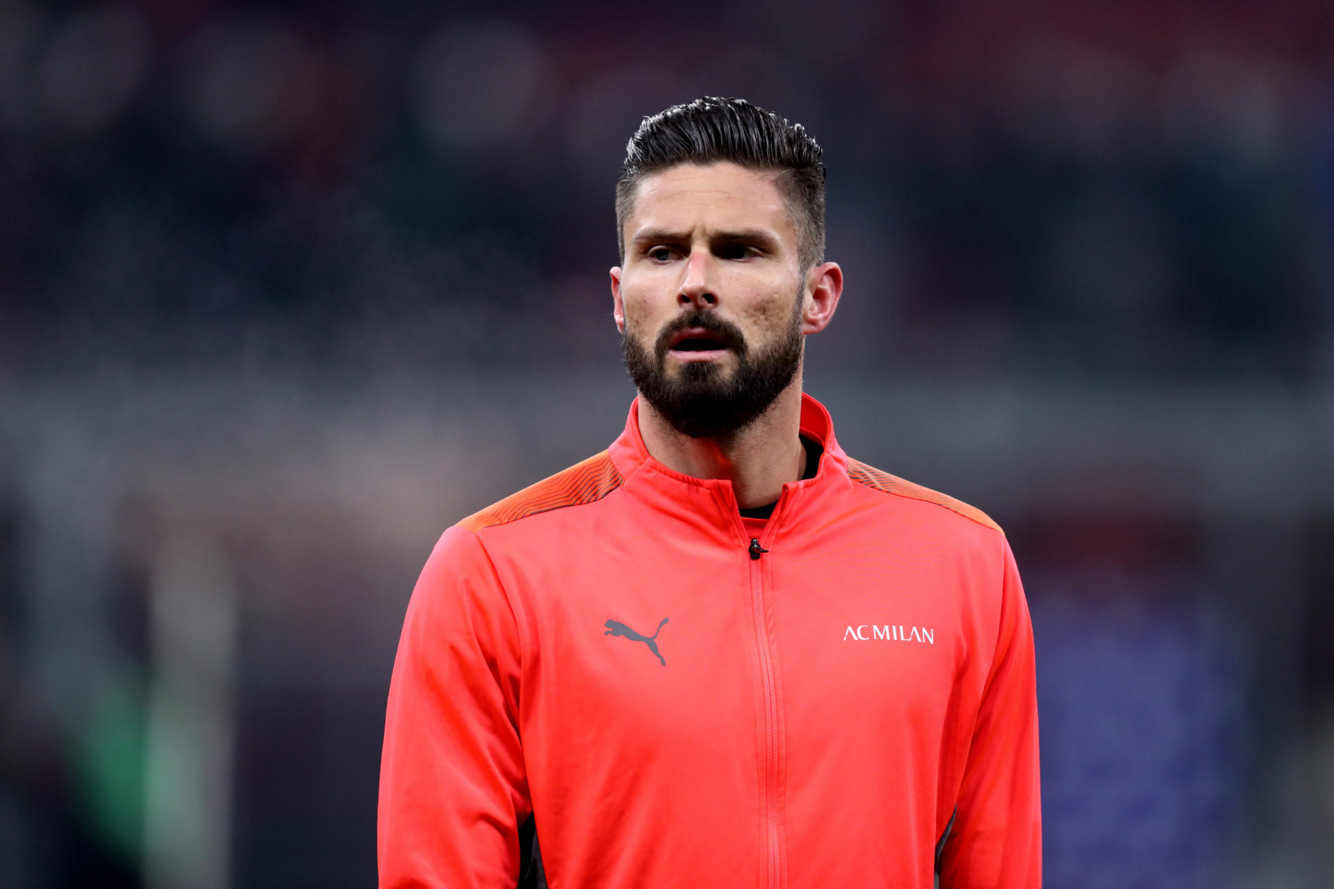 Olivier Giroud of Ac Milan  during warm up before the Serie...