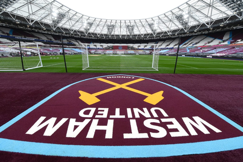 A general view inside the stadium prior to the Premier League match between West Ham United and Arsenal at London Stadium on March 21, 2021 in Lond...