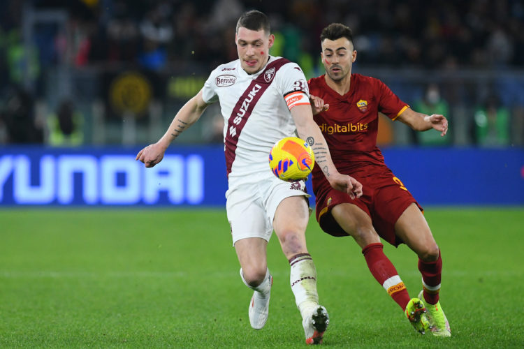 The Roma footballer Stephan El Shaarawy and the Torino footballer Andrea Belotti during the match Roma-Turin at the stadio Olimpico. Rome (Italy), ...