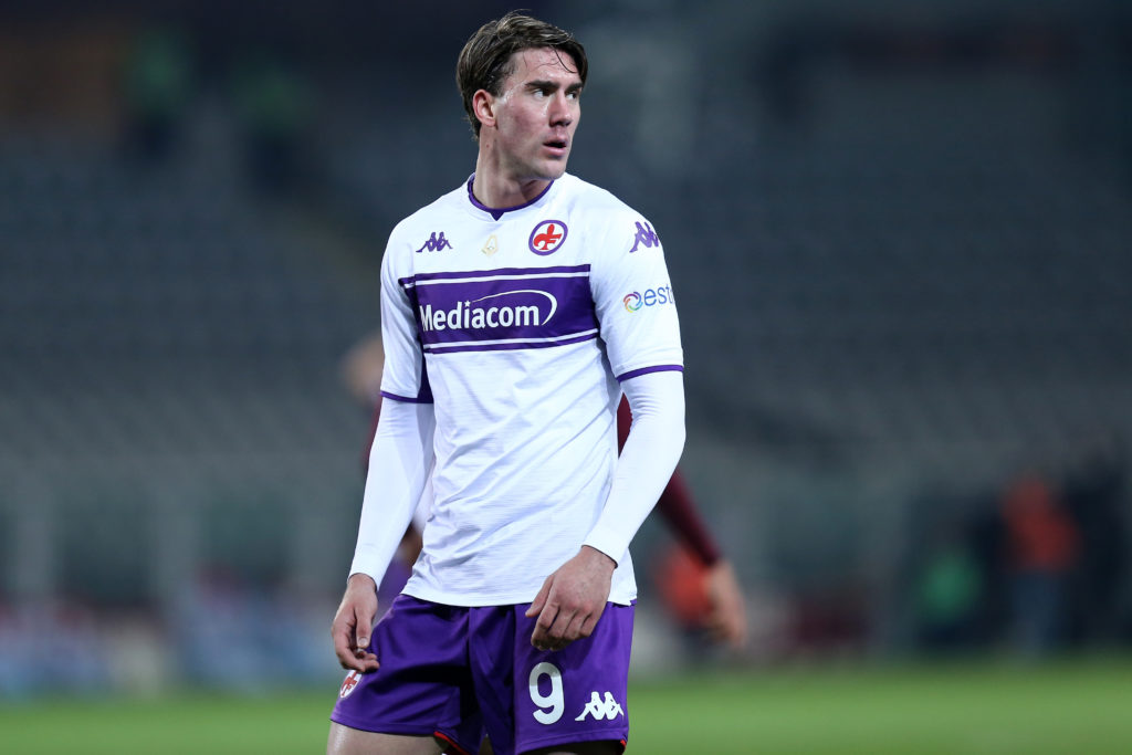 Dusan Vlahovic of Acf Fiorentina  looks on during the Serie
