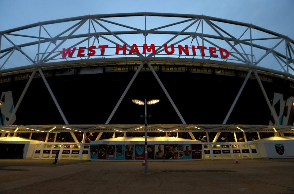 A general view outside the stadium prior to the Premier League match between West Ham United and Leeds United at London Stadium on March 08, 2021 i...
