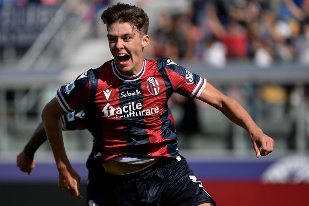 Aaron Hickey of Bologna FC celebrates after scoring the goal