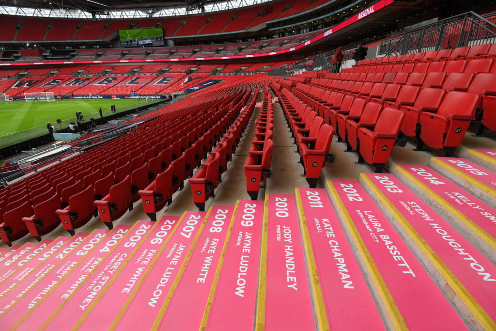 A general view of signage inside the stadium prior to the Vitality Women's FA Cup Final between Arsenal FC and Chelsea FC at Wembley Stadium on Dec...