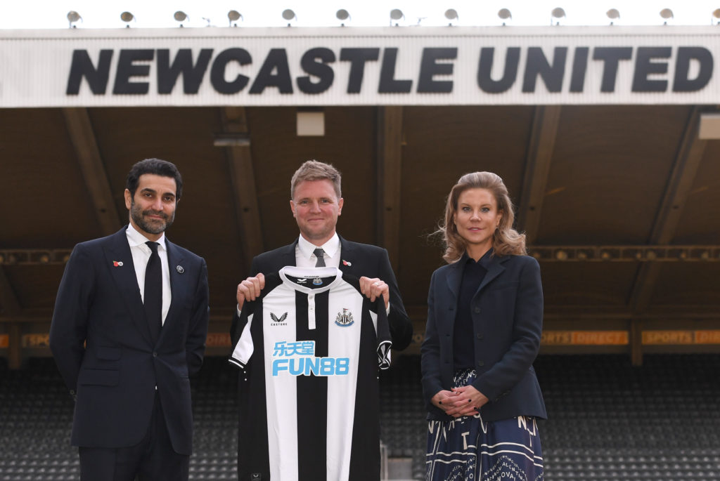 New Newcastle Head Coach Eddie Howe (c) pictured at his unveiling press conference with Directors Amanda Staveley and Mehrdad Ghodoussi at St. Jame...