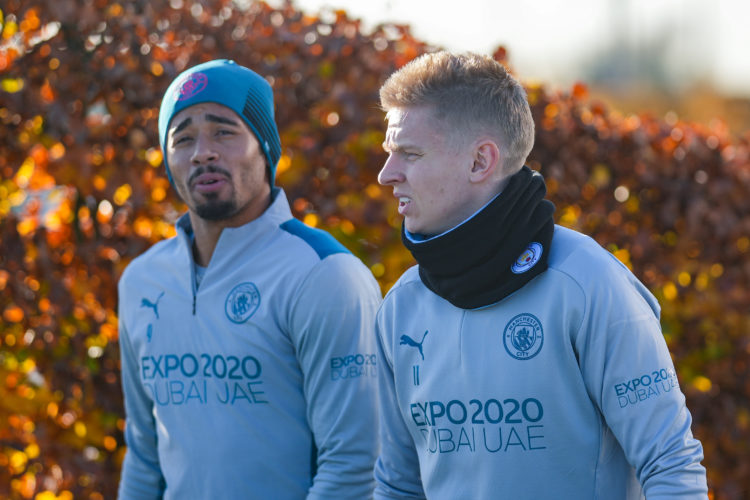 MANCHESTER, ENGLAND - NOVEMBER 22: Manchester Citys Gabriel Jesus and Oleksandr Zinchenko in action at Manchester City Football Academy on November...