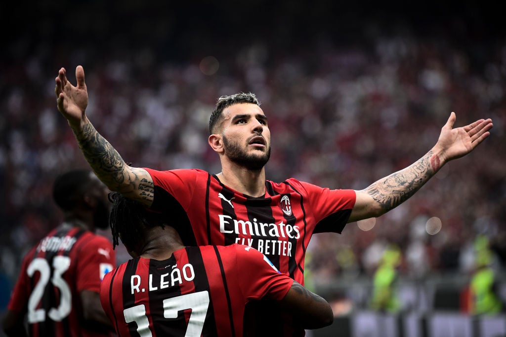 Theo Hernandez (R) of AC Milan celebrates with Rafael Leao