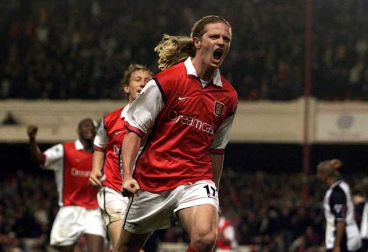 2 May 2000:  Emmanuel Petit of Arsenal celebrates scoring the winning goal in the last minute during the match between Arsenal and West Ham United ...