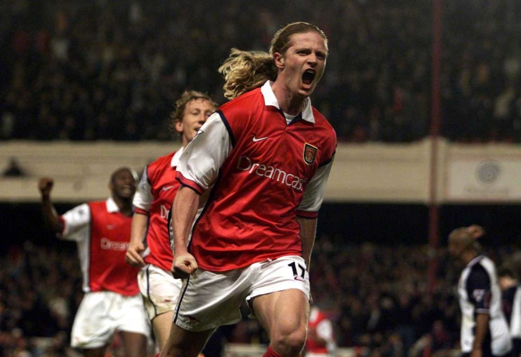 2 May 2000:  Emmanuel Petit of Arsenal celebrates scoring the winning goal in the last minute during the match between Arsenal and West Ham United ...