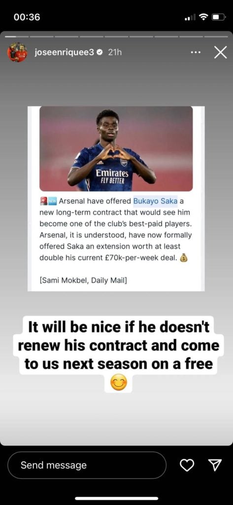 Screengrab of Jose Enrique message about Saka on Instagram