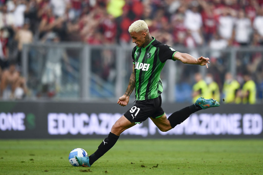Gianluca Scamacca of US Sassuolo kicks the ball during the