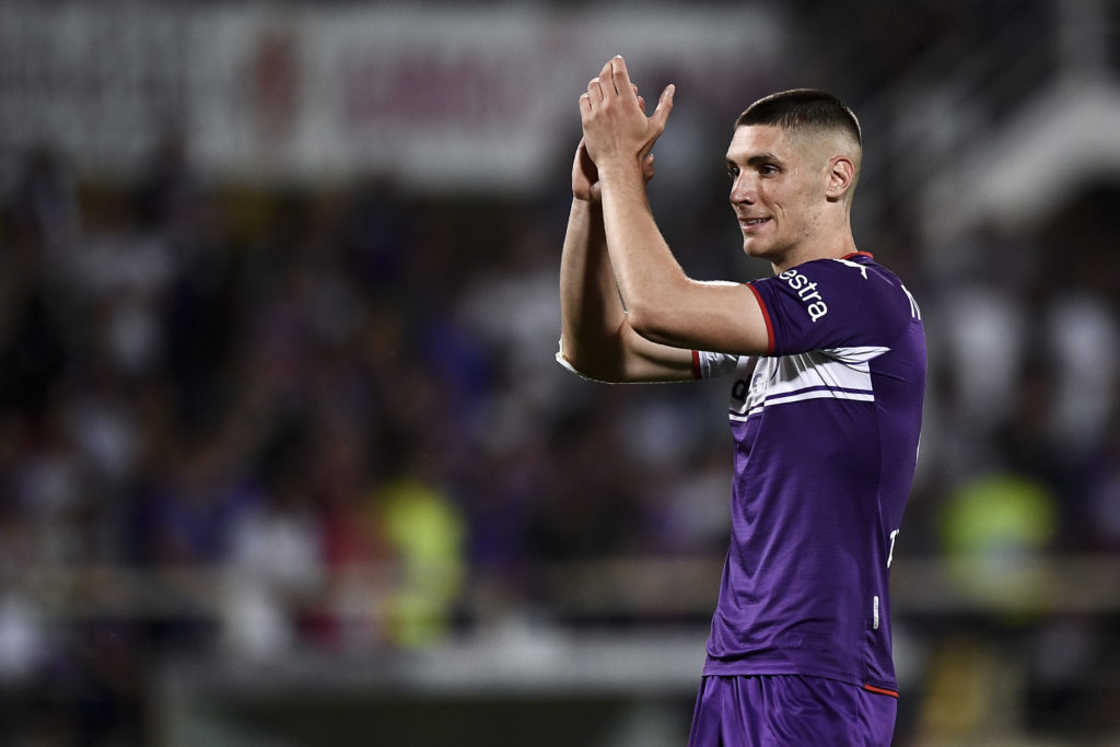 Nikola Milenkovic of ACF Fiorentina gestures towards fans at