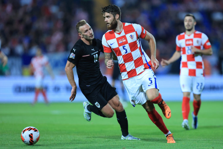 OSIJEK, CROATIA - JUNE 03 Duje Caleta Car of Croatia in action during the UEFA Nations League League A Group 1 match between Croatia and Austria at...