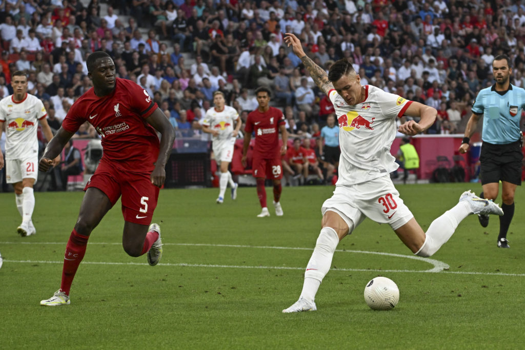 Ibrahima Konate of Liverpool and Benjamin Sesko of Salzburg during the pre-season friendly match between FC Red Bull Salzburg and FC Liverpool at Red Bull Arena on July 27, 2022