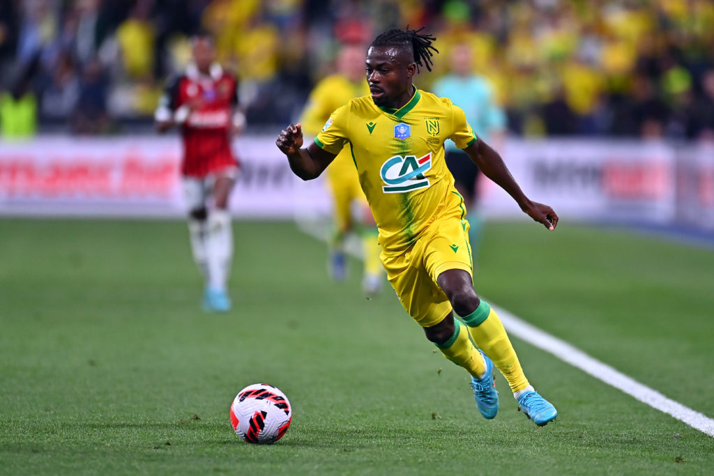 Moses Simon of FC Nantes runs with the ball during the French Final Cup match between OGC Nice and FC Nantes at Stade de France on May 07, 2022 in ...