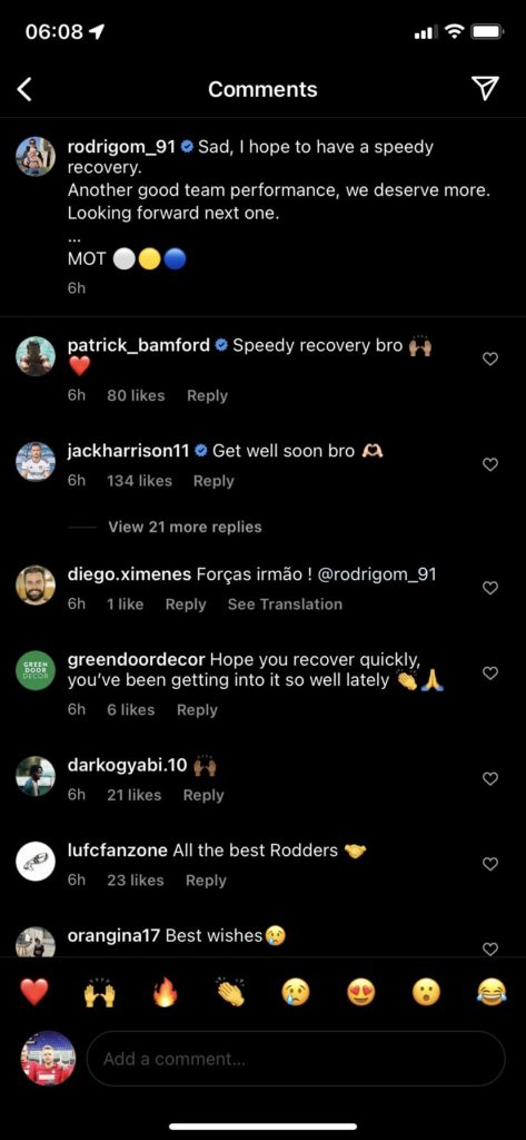 Screengrab of Patrick Bamford's response to Rodrigo