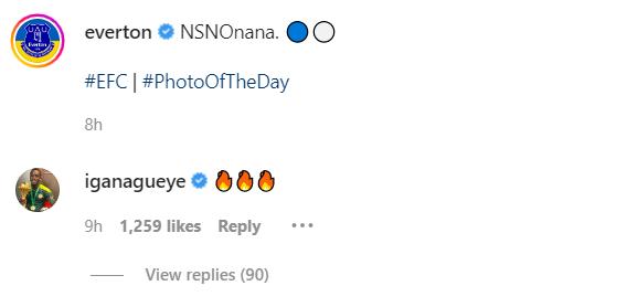 Screengrab of Idrissa's Gueye's response to Everton's Instagram post