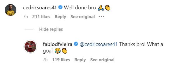 Screengrab of Cedric Soares and Fabio Vieira's comments on Instagram