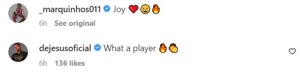 Screenshot of Gabriel Jesus' reply to Marquinhos on Instagram