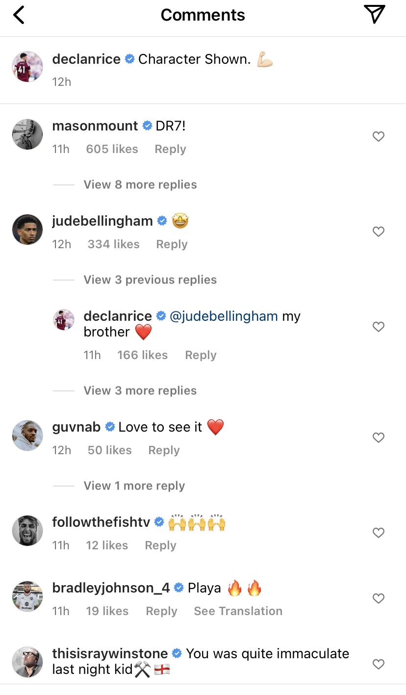 Screengrab of Jude Bellingham's response to Declan Rice/Instagram