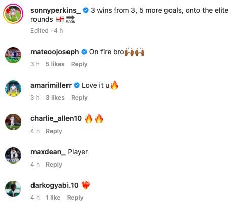 Mateo Joseph reacts on Instagram to Perkins' goals