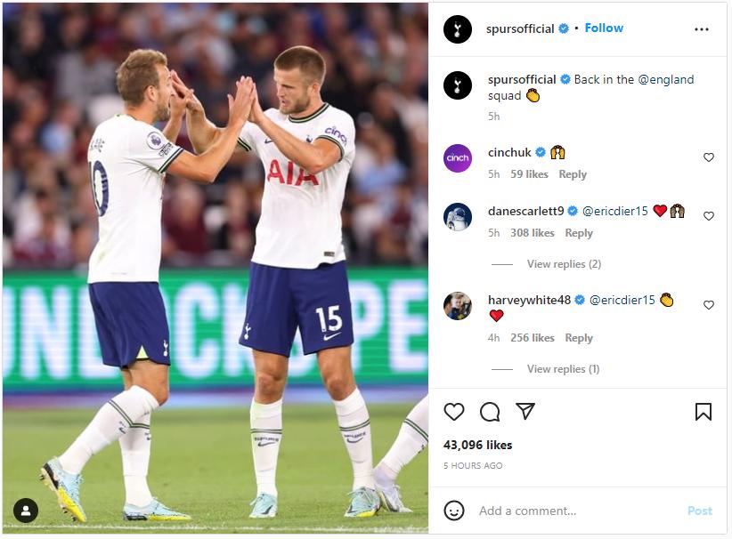 Tottenham Hotspur England Eric Dier Harry Kane Instagram Replies