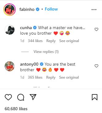 Liverpool star Fabinho getting an Instagram reply by Manchester United ace Antony