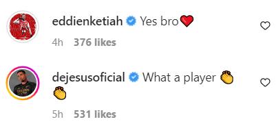 Gabriel Jesus and Eddie Nketiah comment on Marquinhos' Instagram post