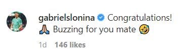 Screengrab of Gabriel Slonina's comment on Matt Turner's Instagram post
