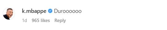 Screengrab of Kylian Mbappe's comment under William Saliba's Instagram post