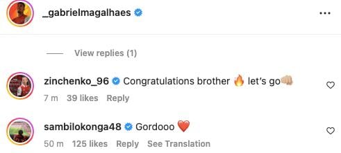 Zinchenko replies on Gabriel Instagram post