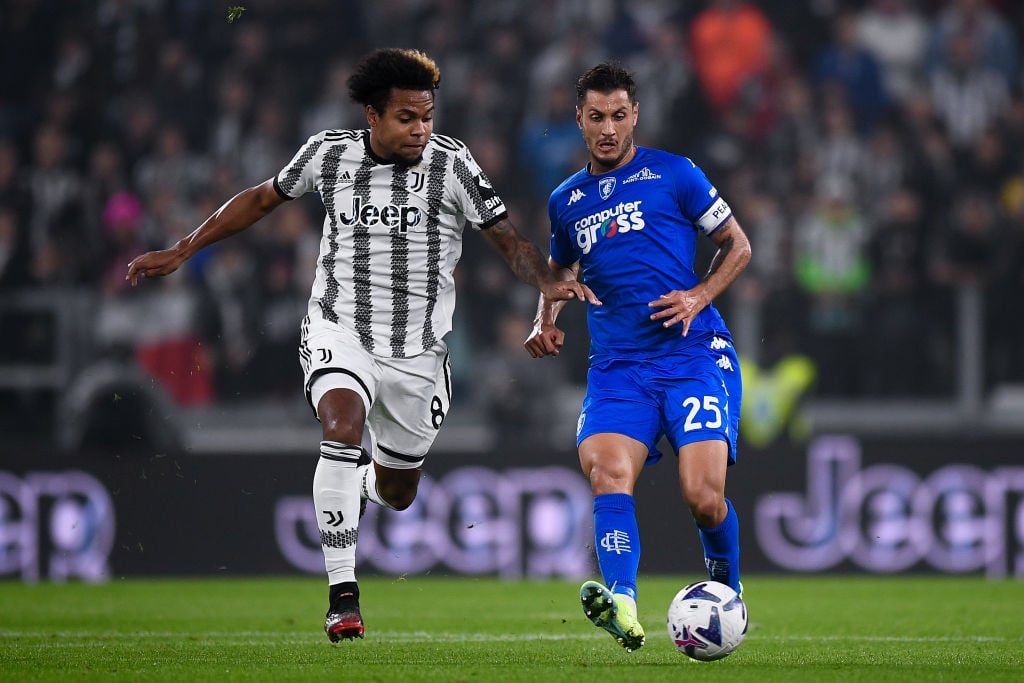Filippo Bandinelli (R) of Empoli FC competes for the ball