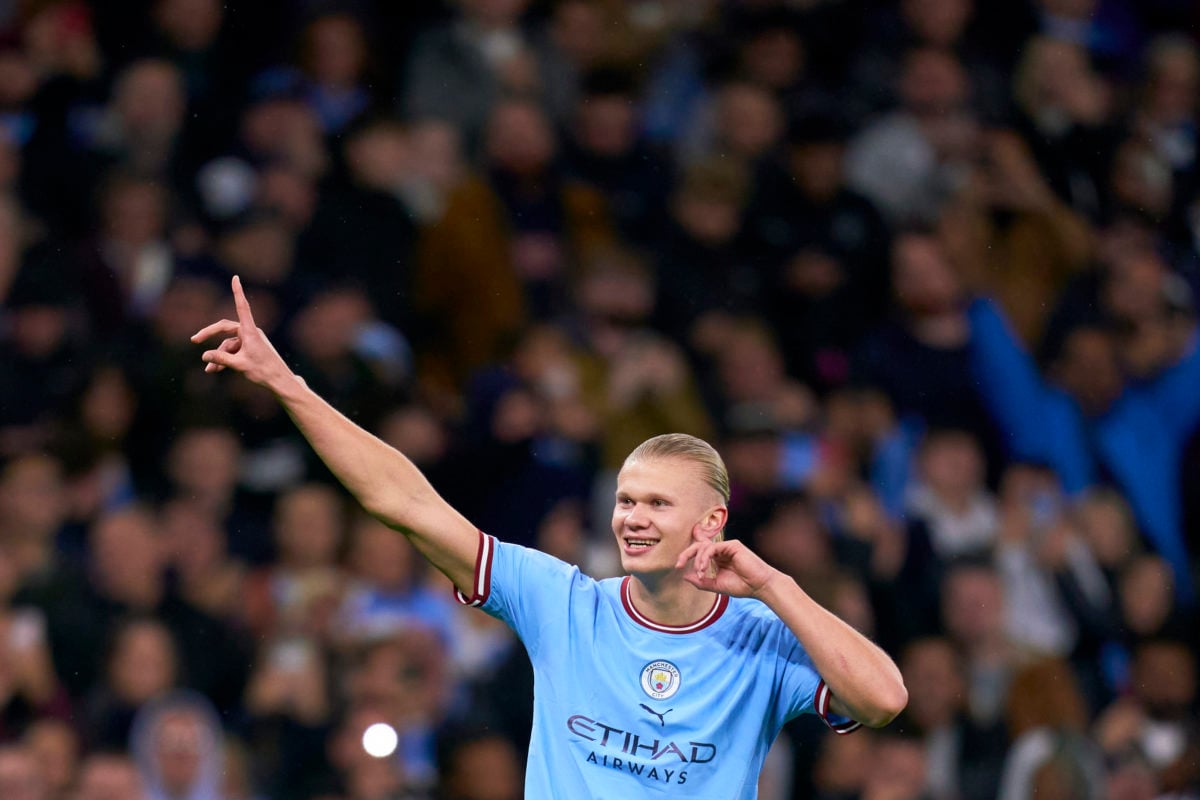 Manchester City's Erling Haaland reacts to his rating on FIFA 23