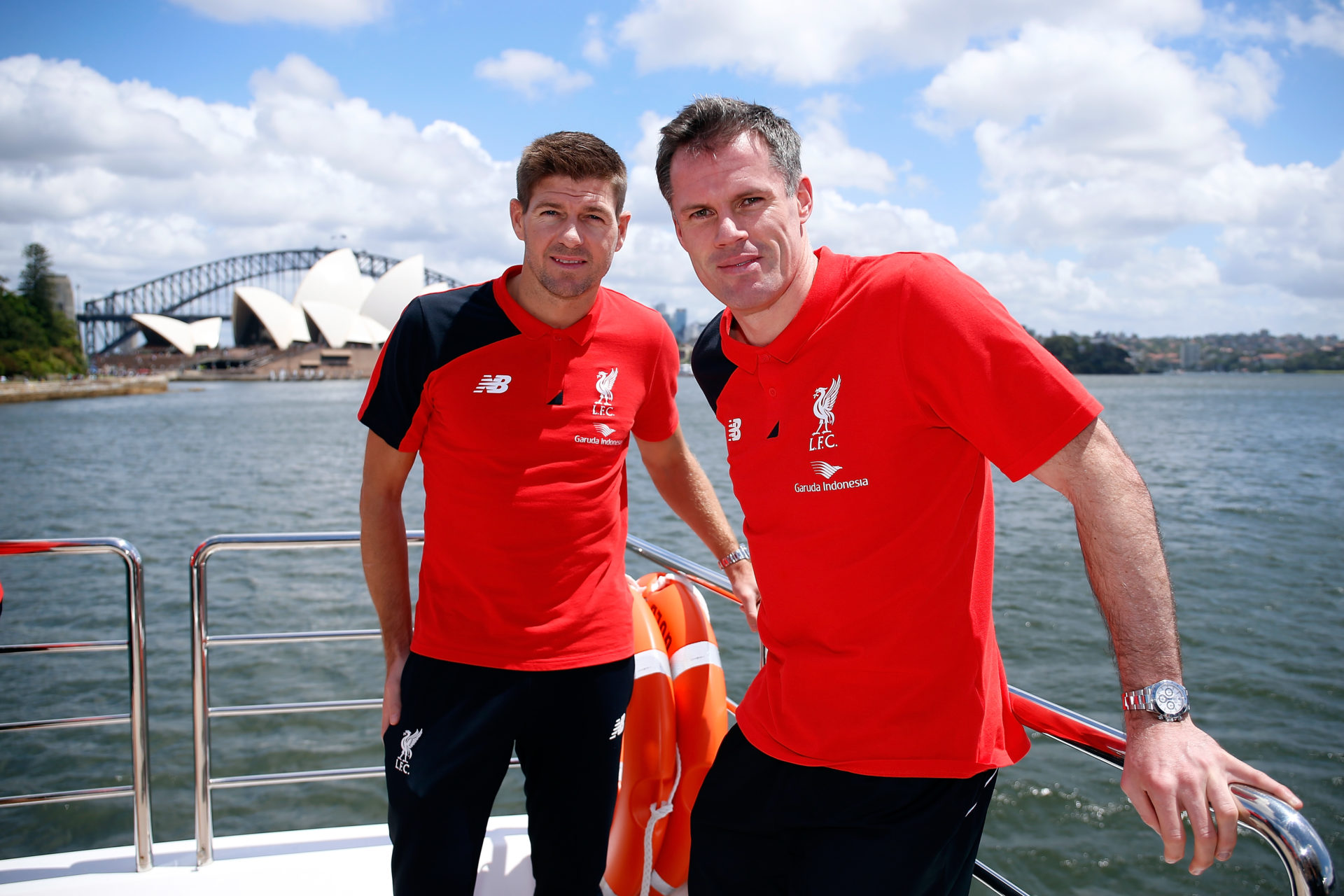 Steven Gerrard and Jamie Carragher pose  in Sydney Harbour on January 7, 2016 in Sydney, Australia.