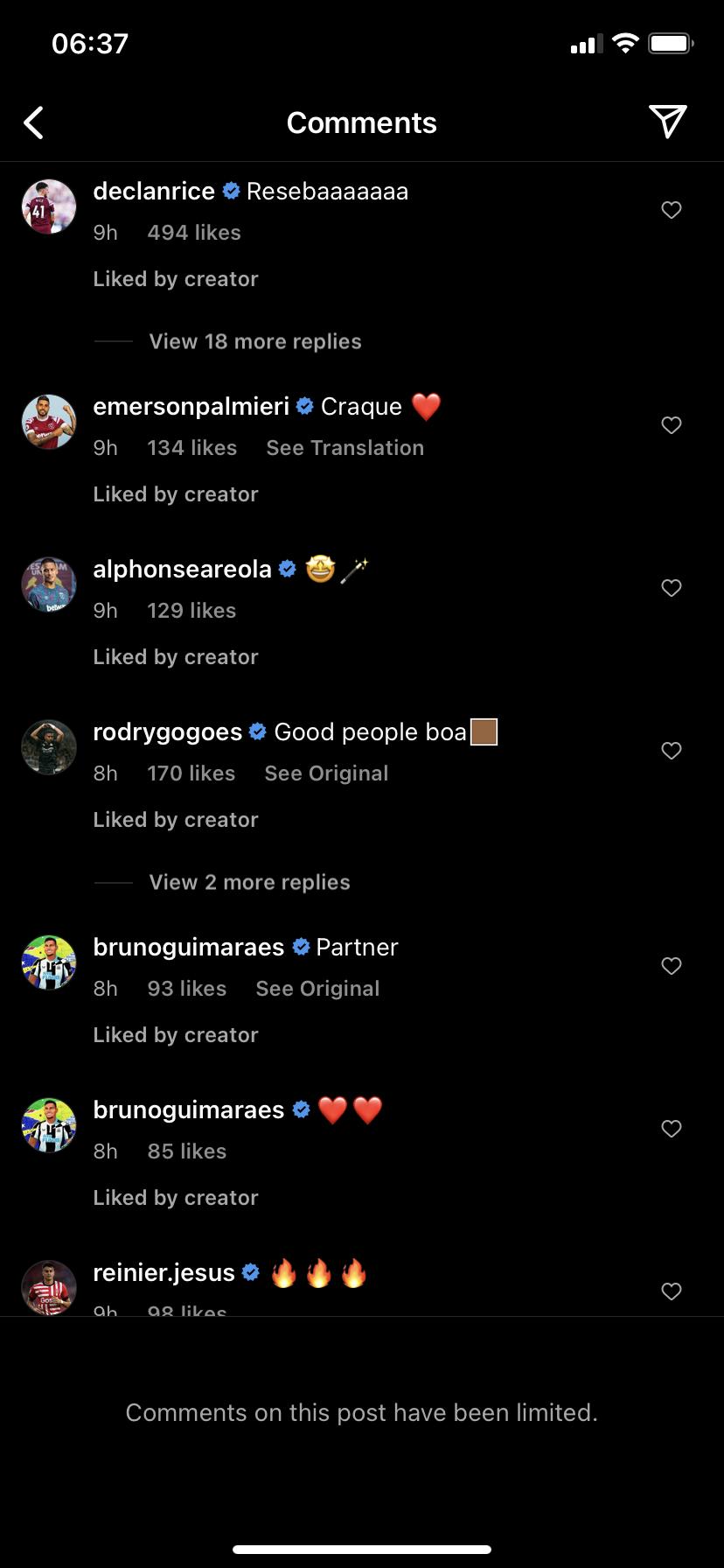 Screengrab of Rodrygo's response to Lucas Paqueta/Instagram