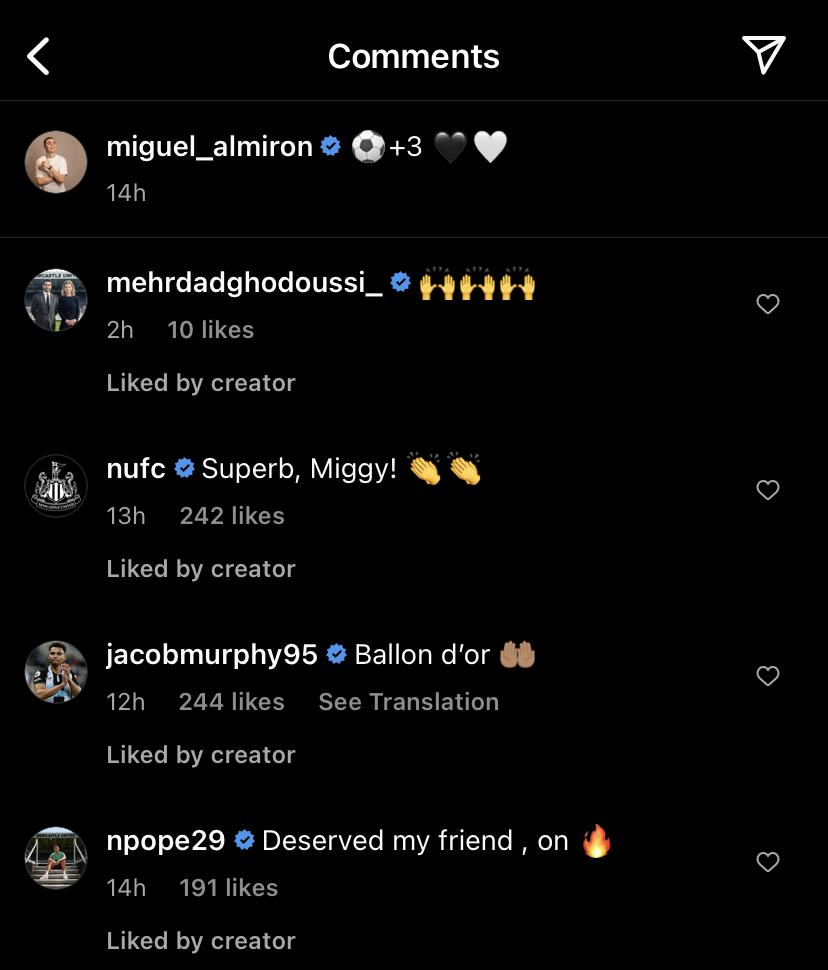 Screenshot of Jacob Murphy's response to Miguel Almiron on Instagram