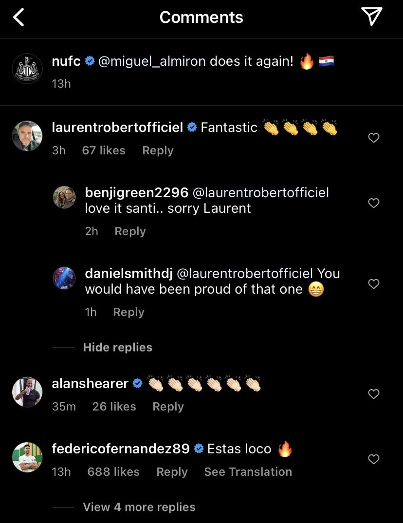 Screenshot of Laurent Robert's response to Miguel Almiron on Instagram