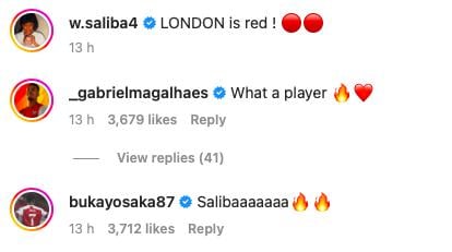 Gabriel and Saka laud Saliba on Instagram after North London derby