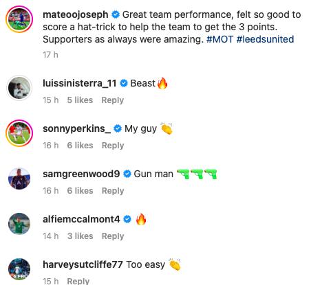 Sinisterra lauds Mateo Joseph on Instagram after Leeds U21 hat-trick