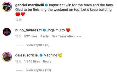 Gabriel Jesus lauds Martinelli on Instagram after North London derby win