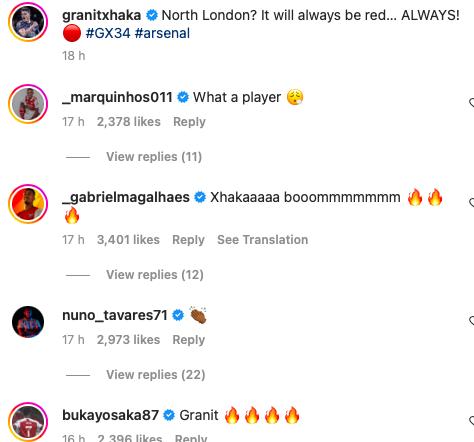 Marquinhos and Gabriel laud Xhaka on Instagram after North London derby