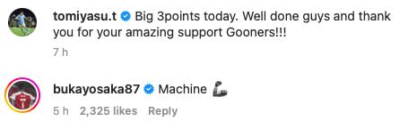 Saka lauds Tomiyasu on Instagram after Arsenal beat Liverpool