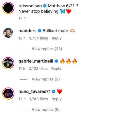 James Maddison congratulates Reiss Nelson on Instagram after Arsenal beat Nottingham Forest
