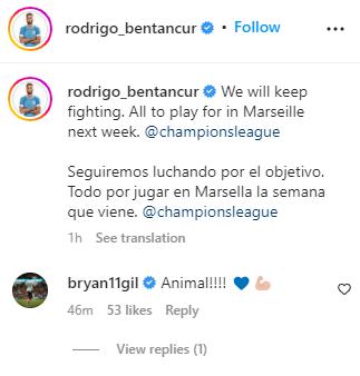 Tottenham Hotspur ace Bryan Gil comments on Rodrigo Bentancur Instagram