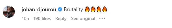 Screengrab of Johan Djourou's comment under Granit Xhaka's Instagram post