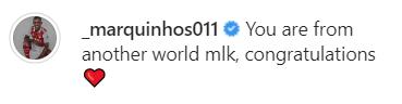Screengrab of Marquinhos' comment under Endrick's Instagram post